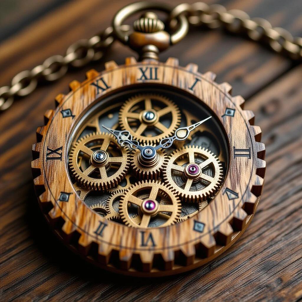 Intricately designed pocket watch with visible wooden gears and cogs. Displayed with a focus on the mechanical details. The watch illustrates the craftsmanship and aesthetic appeal of wooden design in timepieces. Presented in high-resolution