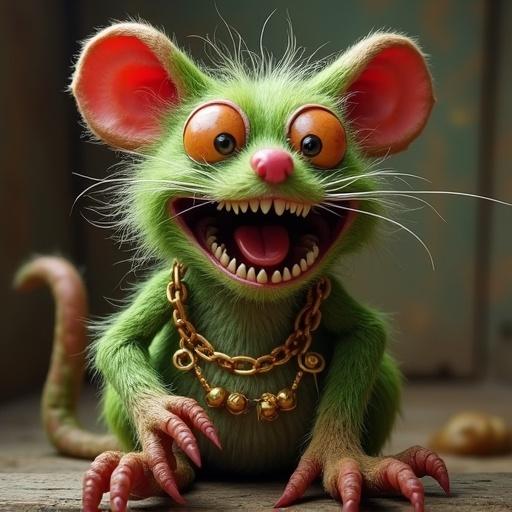A playful and whimsical creature with green fur and oversized eyes. It has a big smile, sharp teeth, and is wearing a golden chain. The character is inspired by rat fink designs. The background is simple and rustic.