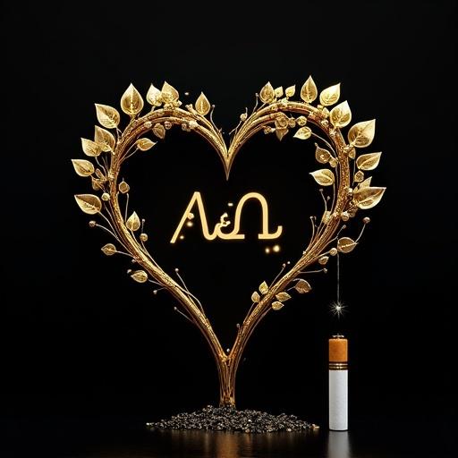 A 3D render of a logo featuring a golden heart and Rose tree branch. Black background enhances the luxurious feel. Text in a refined serif font. A cigarette and a heart drawn next to the picture with two letters A&N.