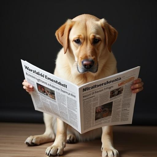 A brown Labrador sits on a toilet reading a newspaper. Head is slightly lowered. Frontal view. Toilet seat is open. Hind legs are on the floor. The newspaper has the title: 'Plößberger Abendblatt' - 'Wurstfabrik eröffnet!' - 'Mitarbeiter gesucht!' The newspaper is slightly crumpled. Photorealistic style.