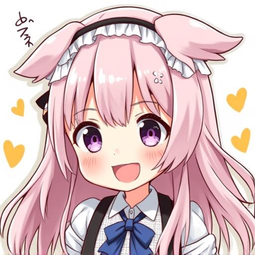 A cute anime girl with pink hair. She has animal ears. Bright eyes with a cheerful expression. Wears a blouse and bowtie. Background features hearts.