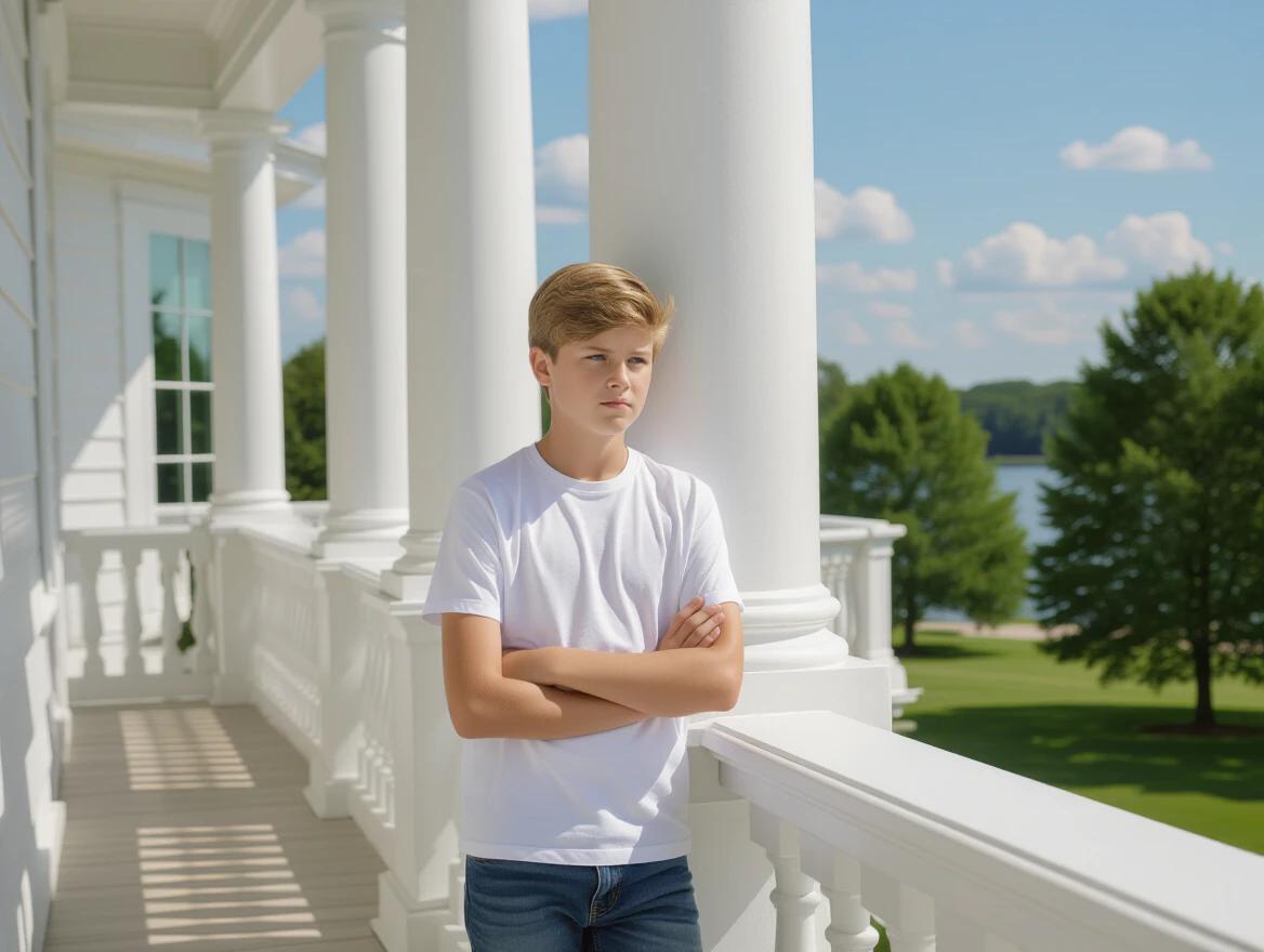 A young boy stands on a porch. He wears a white t-shirt and jeans. He has a thoughtful expression and is gazing into the distance. The scene has natural light coming from large windows. Surrounding is a lush green landscape and water view.