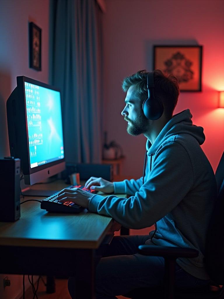 A person is gaming on a desktop computer. The screen displays gaming content. The environment is softly lit with a blue and orange glow. The person is concentrating on the game.