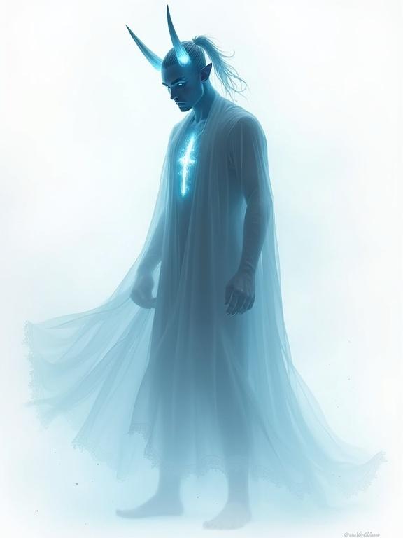 Full-body view of a male tiefling ghost. Body is semi-transparent and ectoplasmic. Glowing blue light from within. Translucent glowing horns and hair in a high ponytail. Soft glowing eyes. Legs fade into mist. Wearing a flowing robe of spectral mist. Robe billows and fades into fog. Ethereal form blends into background. Ghostly and intangible with soft focus edges. Volumetric fog and subtle glowing particles. Presented in modern comic style.