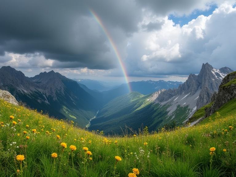 Photograph of a mountain landscape with a wide-angle shot featuring a rainbow arching over the mountains. Dark stormy clouds are in the background with bright green grass in the foreground filled with yellow flowers. Rocky mountain peaks show patches of snow and distant mountains are also visible. The sky is dramatic with contrasting light and dark clouds, showcasing vibrant colors and natural beauty. The atmosphere is serene with lush greenery and wildflowers, leading into a mountainous terrain filled with detail and realism.