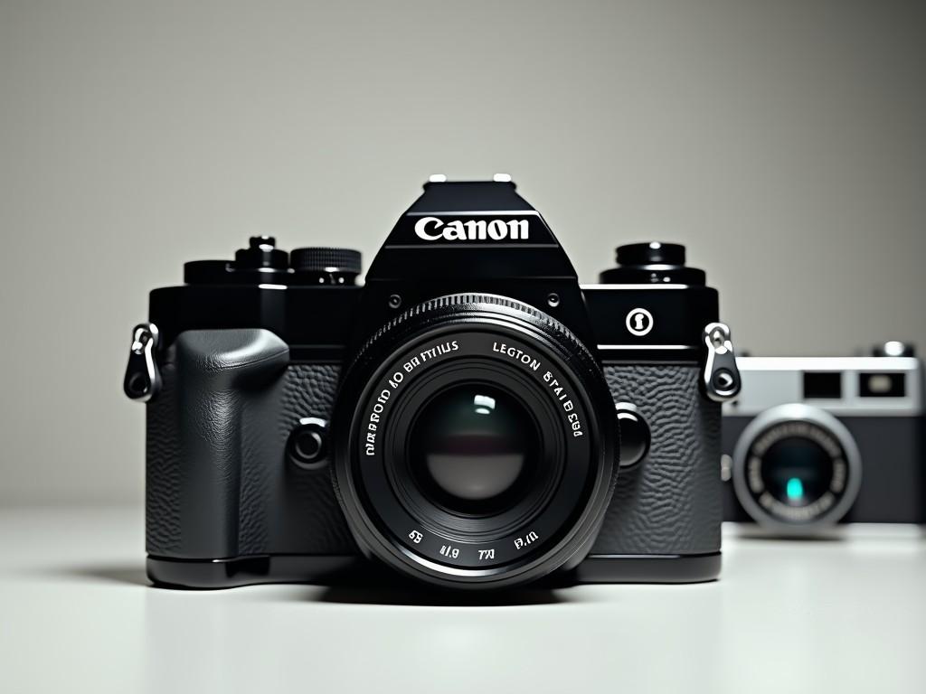 This image features a Canon camera, specifically a DSLR model, positioned front and center. The camera has a black body with silver accents, showcasing its sleek design. The lens is prominently displayed, indicating its potential for high-quality photography. The background is neutral, highlighting the camera without distractions. A classic rangefinder camera with a sleek silver body and black leather grip is also present in the background, adding visual interest.