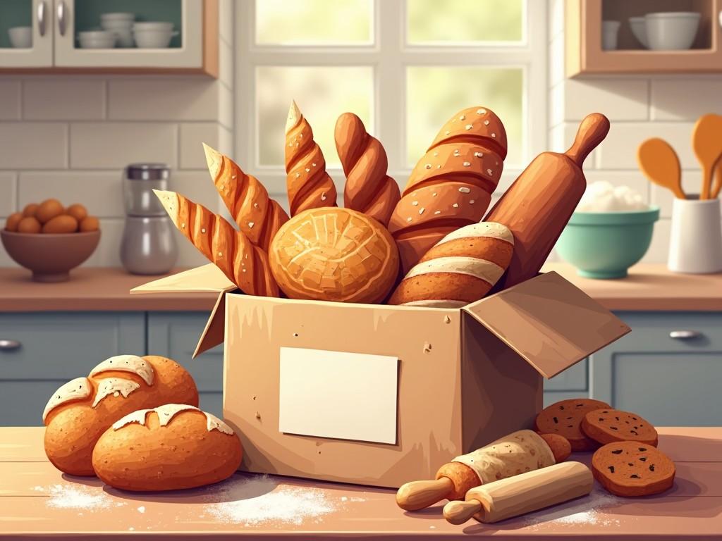 The image displays a cozy kitchen scene with a cardboard box overflowing with various types of bread. There are long loaves, rolls, and a few cookies surrounding the box, placed on a wooden countertop. The kitchen features light blue cabinets and a sunny window in the background, with kitchen utensils and bowls visible. This evokes feelings of warmth and comfort associated with homemade baking. The scene captures the essence of a baking journey, inviting viewers to explore the joys of creating delicious bread.