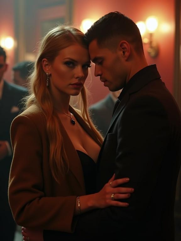 Nightclub scene featuring a stylish couple. The woman has long blonde twintails and blue eyes. She wears a fashionable overcoat and high heels. The man is in a suit. They have an intimate pose. Background shows other night club attendees.