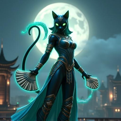 A sleek black cat as Kitana from Mortal Kombat. The cat wears a blue and gold assassin outfit. Metal fans are in both paws. The cat stands in a battle pose on a moonlit palace rooftop. Glowing jade-green energy swirls around its tail. Traditional Mortal Kombat details appear. An ornate headpiece features cat-ear cutouts. Thigh-high boots and a flowing half-cape complete the look. Outworld’s alien skyline is visible with twin moons. The scene has ultra-detailed, cinematic lighting in 8K resolution. The cat’s eyes glow emerald green, and fur has silver highlights. Motion blur on the fans adds action. The style blends Mortal Kombat 11 design and Disney animation. Photorealistic fur and sweat droplets on the nose are included.