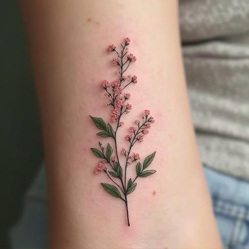 Tattoo design featuring a thin line illustration of small pink flowers and green foliage in botanical style on inner arm