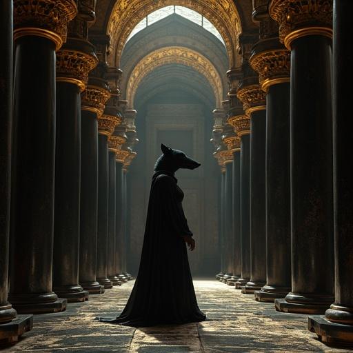 A dark hall with elaborate black and gold architecture. A mystical goddess figure has a jackal head and wears a black cloak. The setting is inside a pyramid with grand columns. The scene is dramatic and epic. Size and proportions emphasized in a side view.