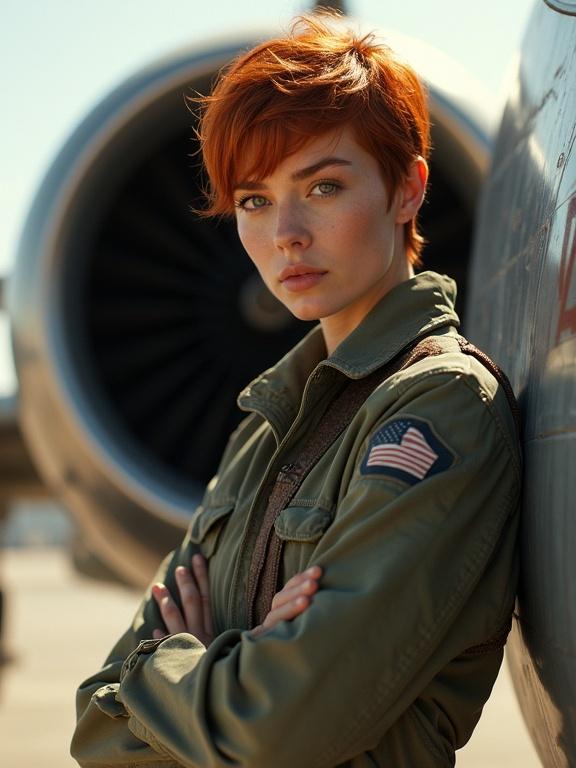Portrait of a fearless female fighter jet mechanic with short red hair. She leans against a futuristic aircraft. Her arms are crossed with a soft expression. Warm sunlight filters through, adding glow to the scene. Jet engines hum in the background. Reflects a strong and human moment.