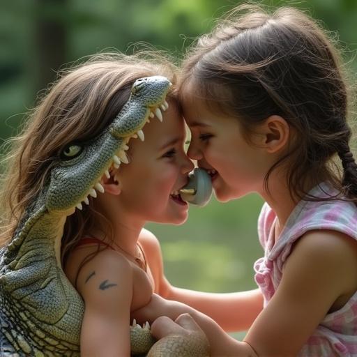 A playful mother engages in a fun moment with her daughter. The daughter is sitting in the open mouth of an alligator. She has an oversized pacifier. This moment highlights joy and creativity in parenting.