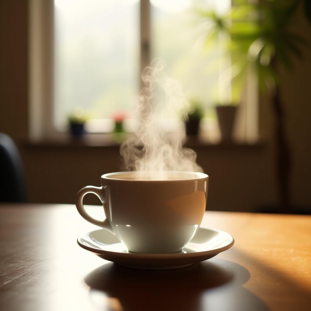 The image presents a steaming cup of coffee on a wooden table. It captures the essence of warmth and comfort. Soft natural light pours in from a nearby window. The background is gently blurred, emphasizing the cup as the main subject. A small saucer beneath the cup adds elegance to the scene. Steam rises from the coffee, indicating its freshness. This setup creates a cozy atmosphere perfect for enjoying a hot beverage.