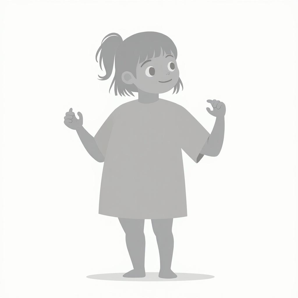 An illustration of a girl standing with a playful expression. She has broad shoulders and a square-shaped bottom. The pose is light-hearted and friendly.