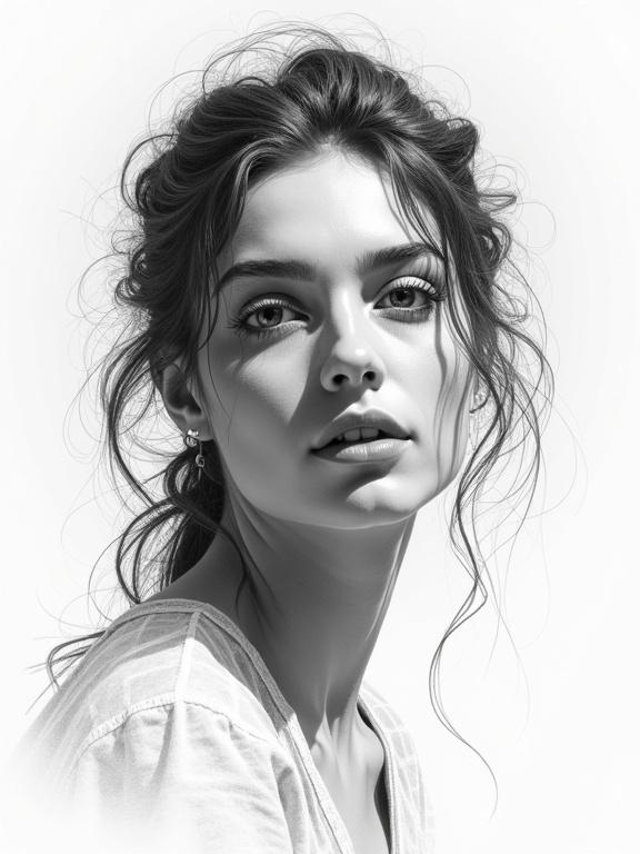 Illustration of a woman in black and white. Detailed graphite pencil sketch emphasizing shadows and facial features. Soft hair and expressive eyes enhance realism.