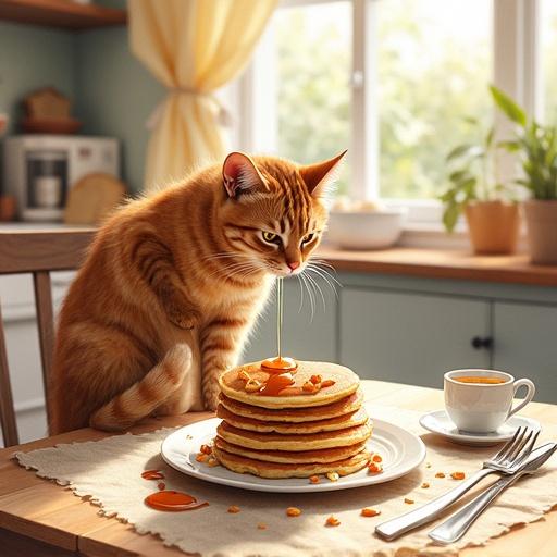 Sunlit breakfast table with stack of pancakes and syrup. Brown cat with paw in syrup puddle. Fork knocked over. Cozy morning kitchen.
