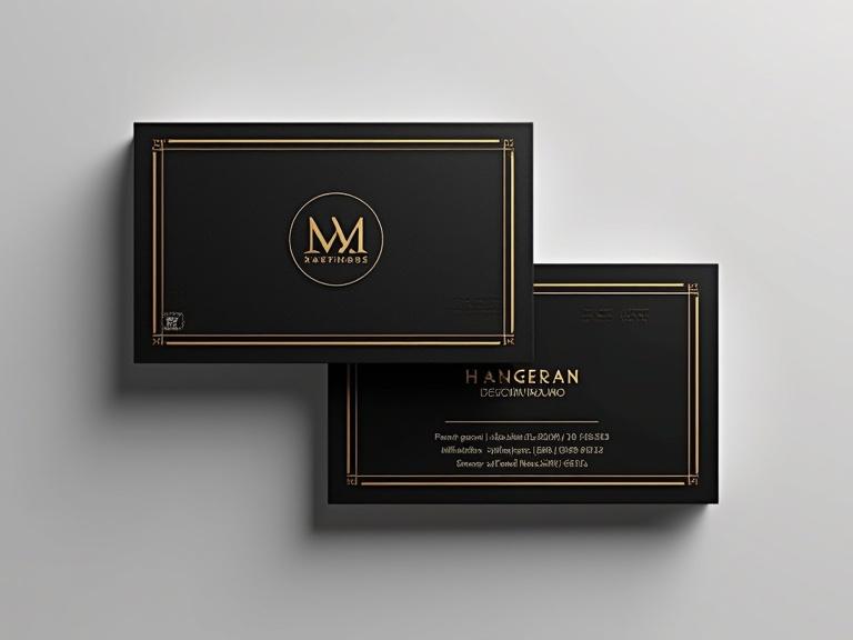 Professional business card design with dimensions of 8.6 cm by 5.5 cm. Front features a black and gold color scheme without a back design. Full screen display.