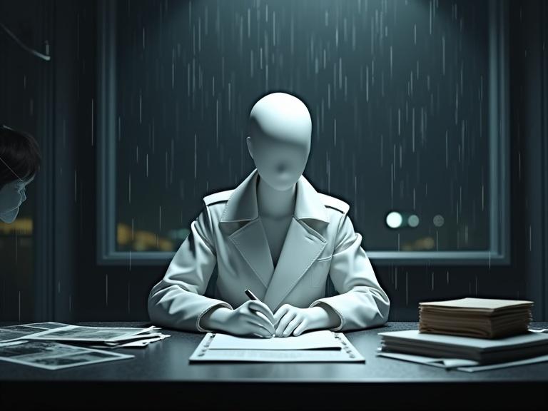 Cinematic 3D render of a faceless female detective in a white trench coat sitting at a metal desk full of cold case folders and photographs. Detective gazes at an open file under moody light. Rain streaks down the window behind her, with a blurry night city in the background. The scene has a tense and introspective mood. Smooth white mannequins with no facial features are in the scene. Elements are soft white matte materials with minimal color accents. Soft ambient shadows and subtle reflective lighting are present. Background has a minimal futuristic interior with dark, moody geometry. No UI or text included, only a high-detail render in a refined sci-fi environment. Captured in an ultra-wide-angle shot with deep depth of field.