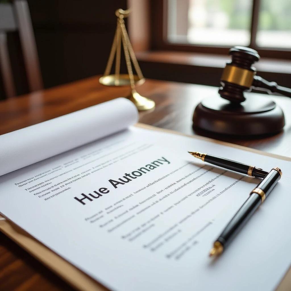 Legal document titled Hue Autonomy on a wooden table. A pen is beside the document. Gavel is in the background. Scale of justice is nearby. Window lets in natural light.