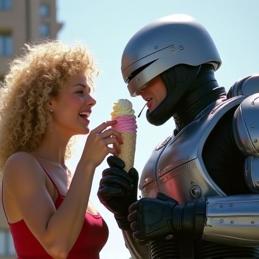 Officer Lewis feeds Robocop an ice cream sundae. Robocop shows a funny expression with his tongue out. Sunny day with bright colors. Robocop holds a gun in one hand. Officer Lewis wears police tactical gear and a helmet. Robocop places a hand on her helmet, looking shocked and angry.