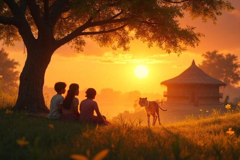 A peaceful village scene at sunset portrays children listening to a story under a majestic tree. A tiger is present in the background. The warm, golden light creates an emotional atmosphere.