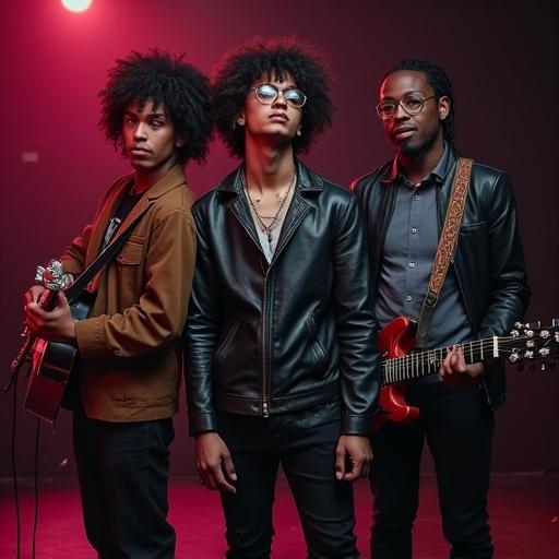 Photo shoot featuring three musicians on stage. One male has curly hair and a leather jacket with a guitar. Another male has dreadlocks holding a keyboard. A female musician has curly hair and glasses with a microphone. They are illuminated by dramatic red lights.