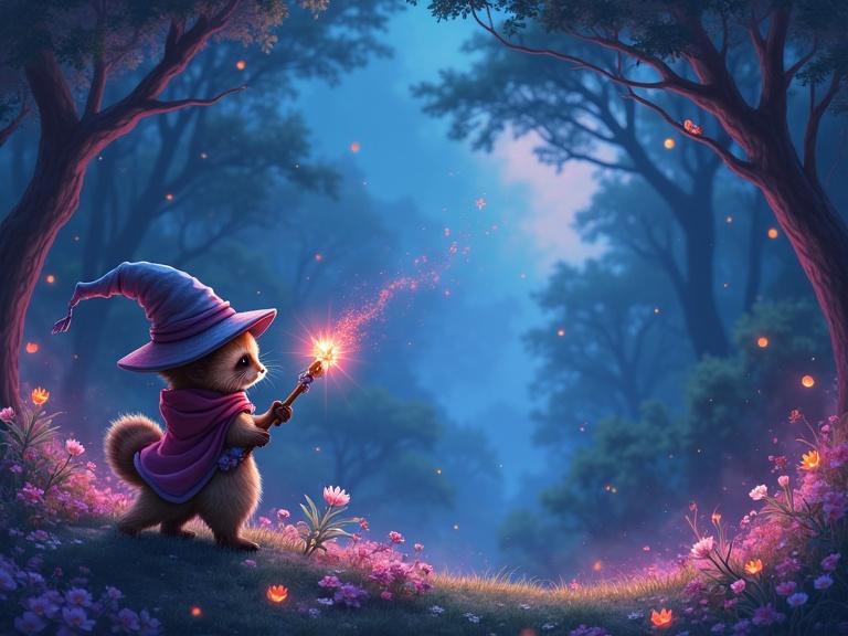 A cute little Chibi raccoon adventurer holds a magical staff. The raccoon wears a large wizard hat. They stand in a mystical forest valley at night, casting Rainbow sparks and luminescent Magenta smoke. Fairy fireflies and glowing plants surround the raccoon under a starry sky. The image captures a sense of adventure and mystery ahead, blending Manga and Anime styles.
