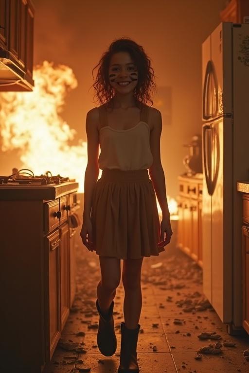 A kitchen being destroyed with fire and broken items. A teen girl stands in the chaos wearing a tank top, skirt, and boots. She has chocolate stripes on her face and a smile. The scene captures destruction and surrealism.