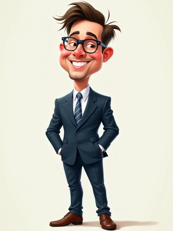 A caricature of a man dressed in a dark blue formal suit. The man has a broad smile and rosy cheeks. He wears glasses. His hair is styled upward. He stands confidently with hands in pockets. Polished brown shoes are on his feet. The background is light-colored and plain.