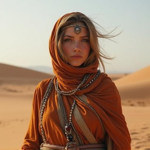 Woman wearing traditional attire in desert with warm colors. Hair flowing gently in the breeze. Desert background emphasizes isolation and beauty.