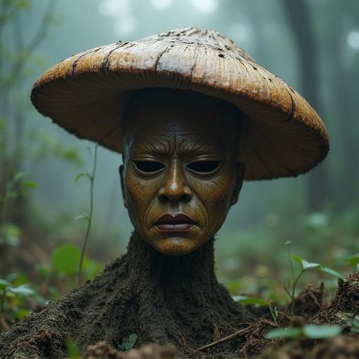 Mysterious monster inspired by Korean folklore. Shape resembles a large mushroom. Base features wooden mask, intricately carved. Mask has haunting, empty gaze. Appears clean, waiting for someone to pick it up. If touched, person falls ill, spreads sickness if worn. Discarded mask begins to rot. Thick mushroom stems and wide cap emerge, blending with mask features. Cap looks edible and alluring. Eating it causes euphoria, confusion, madness, and wild dancing. Scene evokes eerie enchantment, dark mystical atmosphere, reminiscent of Joseon-era ghost story.