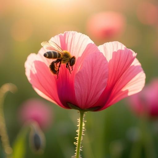 Close-up image featuring a bee on pink poppy flowers illuminated by sunlight. The background is softly blurred adding warmth to the scene.