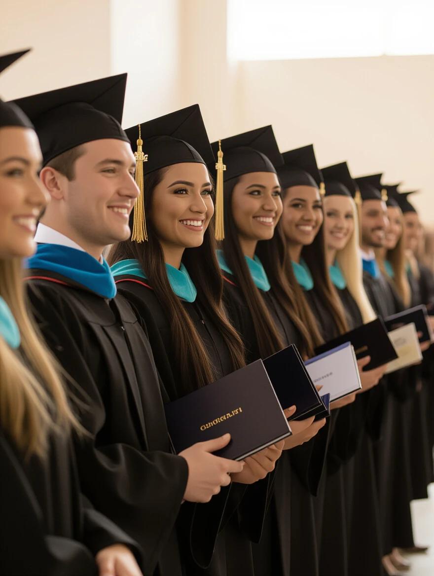 Line of students in academic robes and caps. Students smiling nervously. Some fixing tassels holding graduation folders. Soft sunlight filters through the venue. Photorealistic medium shot warm color grading cinematic mood.