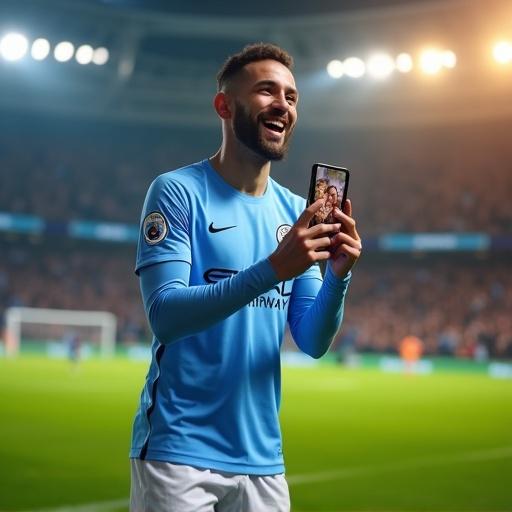 Manchester City striker celebrates on the field with smartphone showing family during video call. Dynamic shadows and blurred cheering crowd in background. Stadium brightly lit with golden light reflecting off phone.