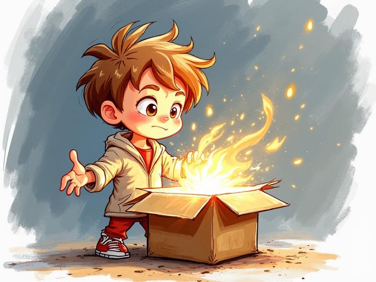Illustration of a child opening a glowing package with excitement. Expressive and playful character design. The scene is drawn with loose pencil and marker, incorporated white highlights.