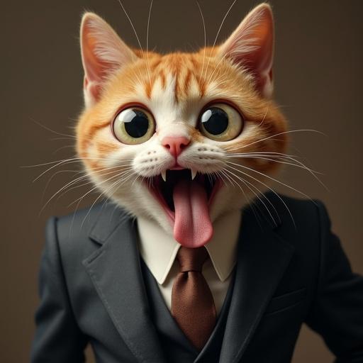 A semi-realistic cat wearing a suit. The cat has its tongue sticking out playfully. It has wide eyes and a teasing expression.