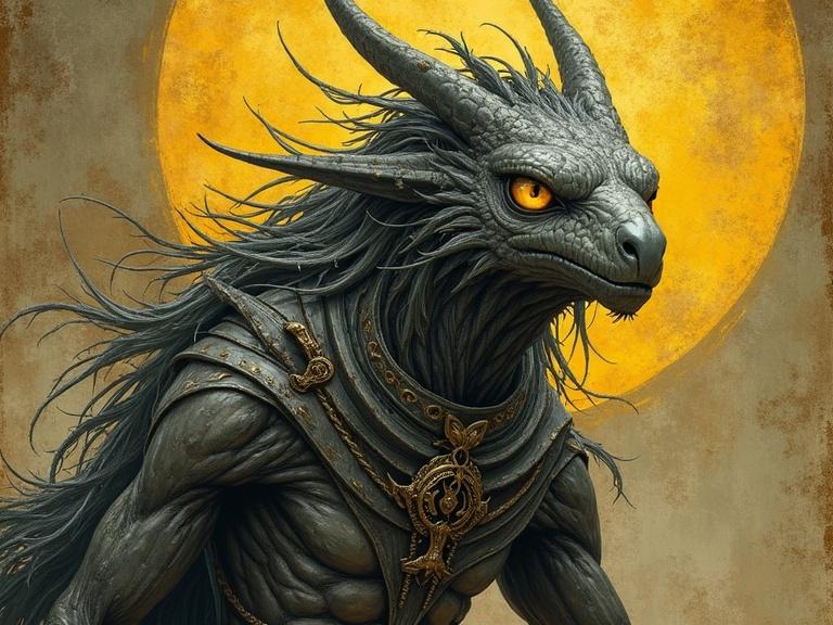 Illustration of a humanoid quickling lord with metallic skin and yellow eyes. The figure stands prominently against a golden background. Characteristics include swift movement and power, showcasing a fierce demeanor. Its design reflects both elegance and strength, embodying a mystical presence in the fantasy realm.