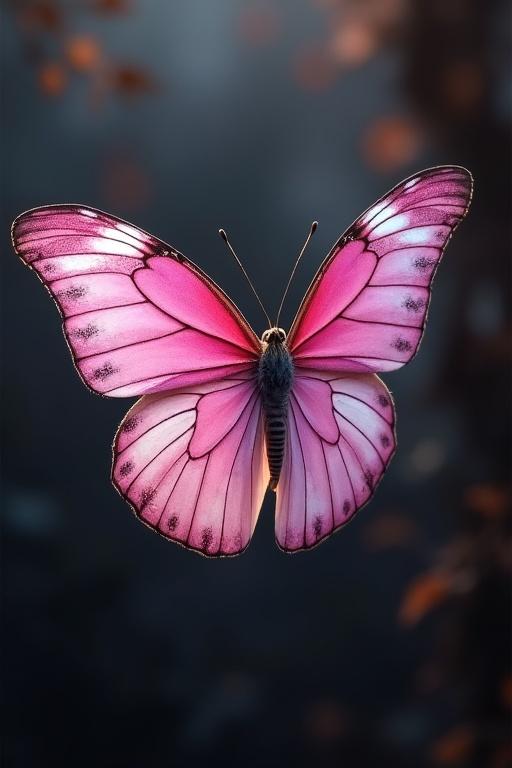 A large butterfly with dark pink and white wings floats gracefully. The background is dark and blurred. The butterfly displays intricate patterns on its wings. Soft lighting enhances its beauty.