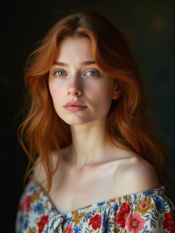 Photograph of a young woman with wavy auburn hair and blue eyes. She has a calm expression. Floral off-the-shoulder blouse with vibrant colors. Dark background creates contrast. Soft natural light illuminates her face. Background slightly out of focus for depth.