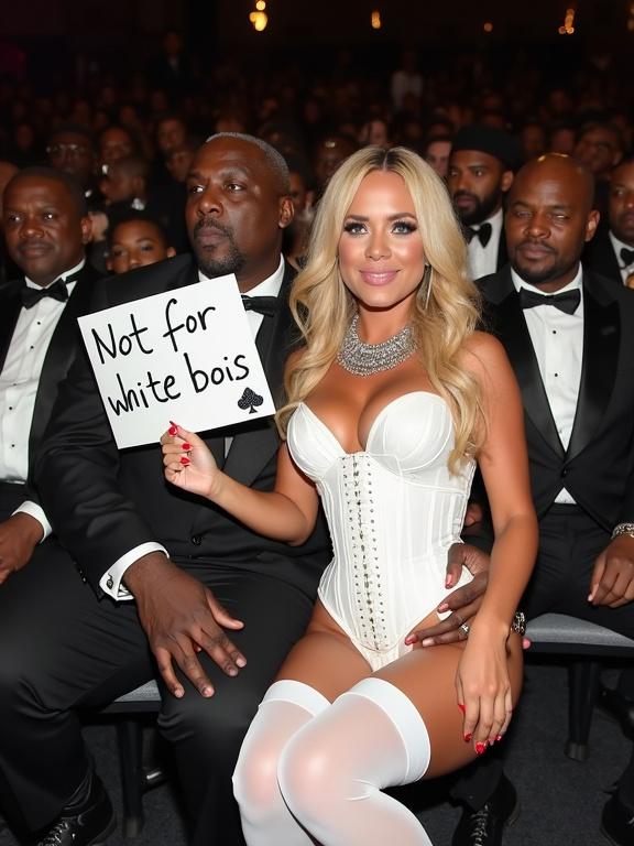 A woman in a white corset holds a sign at an awards show. She is with a large black man and other men around them. The woman has long blonde hair and glamorous makeup. They are seated together in a crowded setting. The woman wears thigh-high stockings and has a confident expression. The background features an audience of men. The image captures a vibrant award atmosphere.