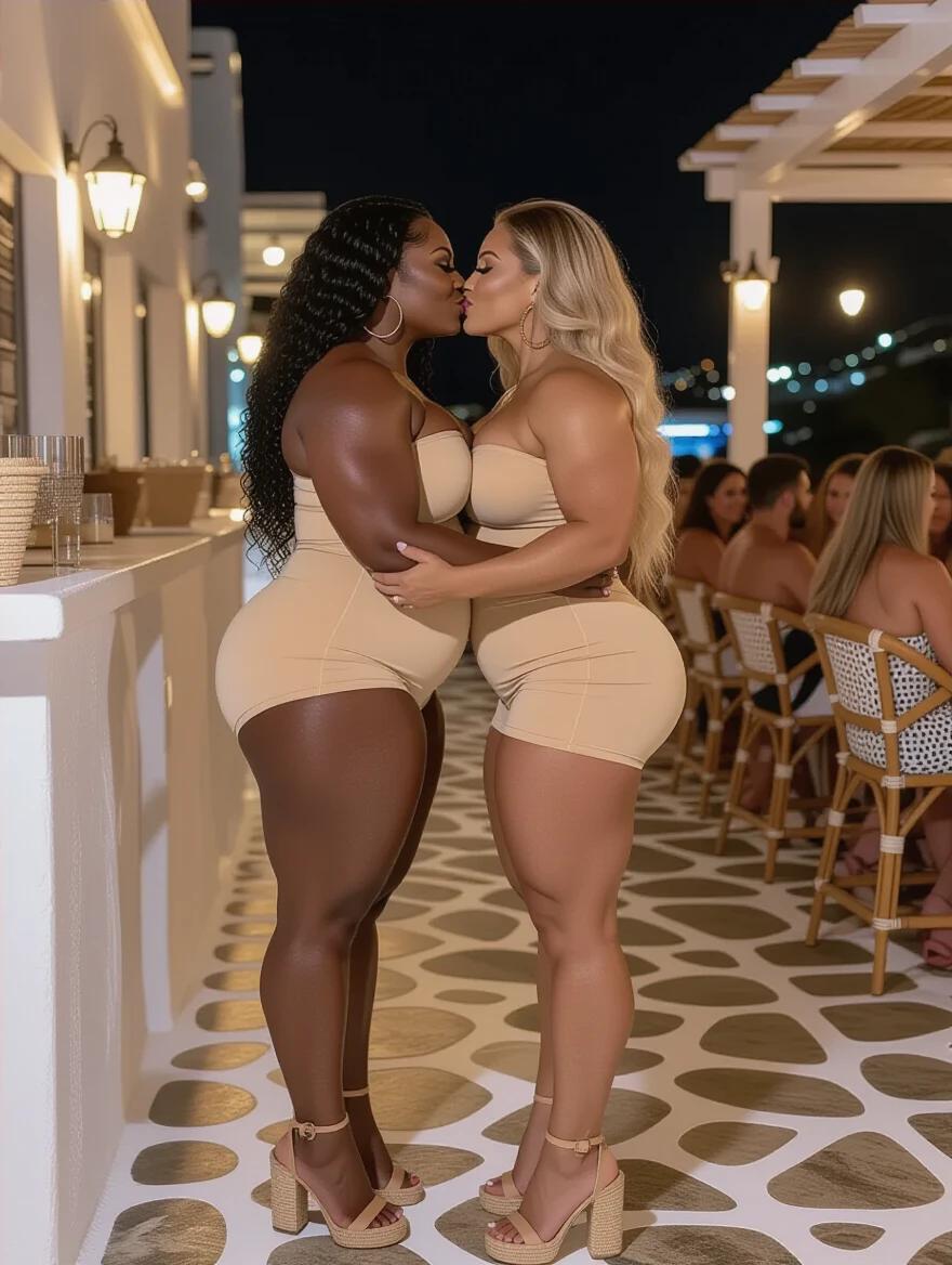 Two female bodybuilders with strong physiques stand closely together. One has dark curly hair and the other has long wavy blonde hair. They wear tight beige dresses and high heels. The setting is a vibrant bar in Mykonos at night with a warm atmosphere.