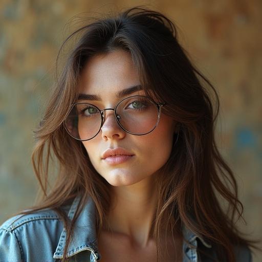Cool woman with glasses posing in a relaxed manner against a textured background. Close-up of facial features with natural beauty.