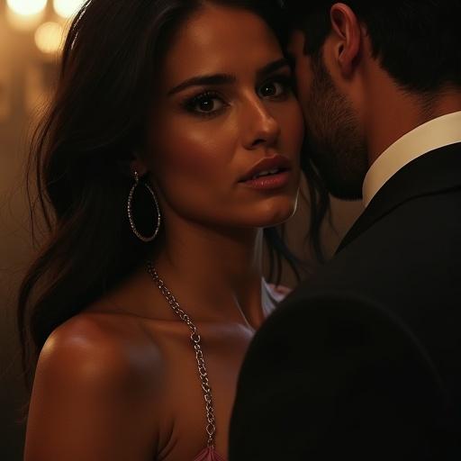 Intimate image with a stunning woman whispering to a man. Soft lighting highlights facial expressions. The woman says something in Turkish. The man responds with a whisper. Tension in the atmosphere.