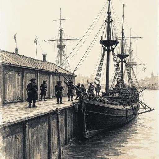 Pen sketch portrays pirates loading a ship in a dock scene. View from an elevated position of 30 feet above. Strong lines and detailed maritime elements are featured.