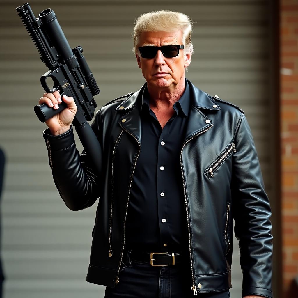 A satirical spoof of a figure with characteristics similar to a known politician, dressed as an action hero from a famous movie. The character is holding a large machine gun, wearing a black leather jacket and sunglasses, against a dramatic backdrop.