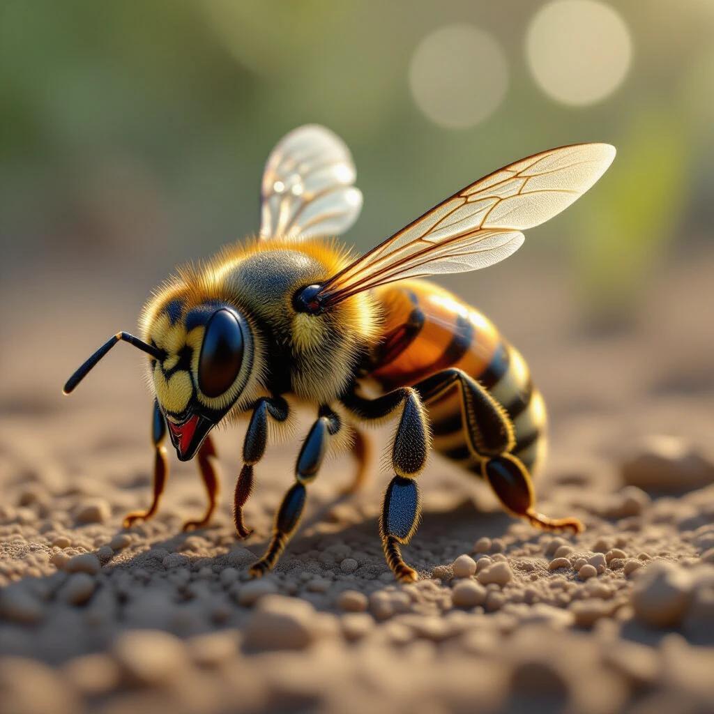 Hyper-realistic depiction of a Trigona Apis amalthea. Close-up view of a bee on ground surface. Detailed textures and colors. Natural highlights and soft lighting. Cinematic quality in high resolution.