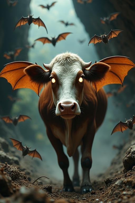 A cow stands in a dark cave surrounded by swarming bats. The cow has glowing eyes and shows panic. Bats with large wings fly chaotically around her. Some bats cling to her back. Dust and debris are kicked up.