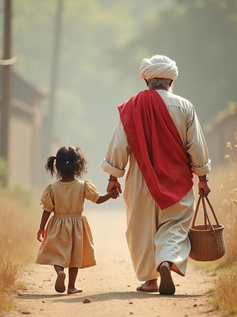 An old villager wearing white Punjabi and red dupatta with his daughter walking together. They are holding hands from the back. The scene captures a rural path.