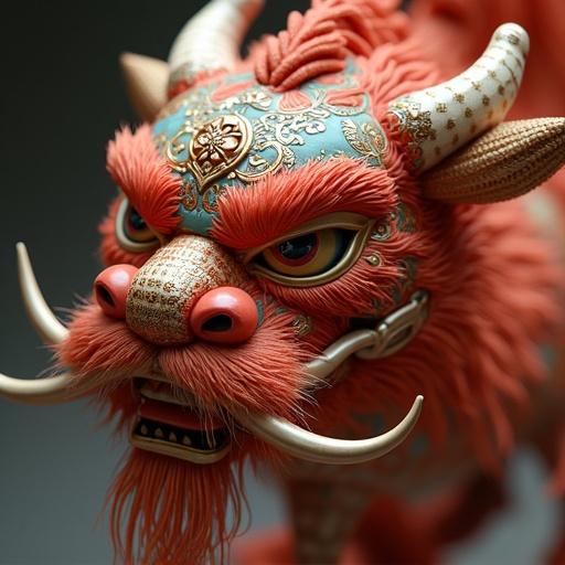 A closeup shot emphasizes intricate features of a Chinese deity figure. The figure exhibits elaborate details with vibrant colors. The background is softly blurred to enhance focus on the figure.